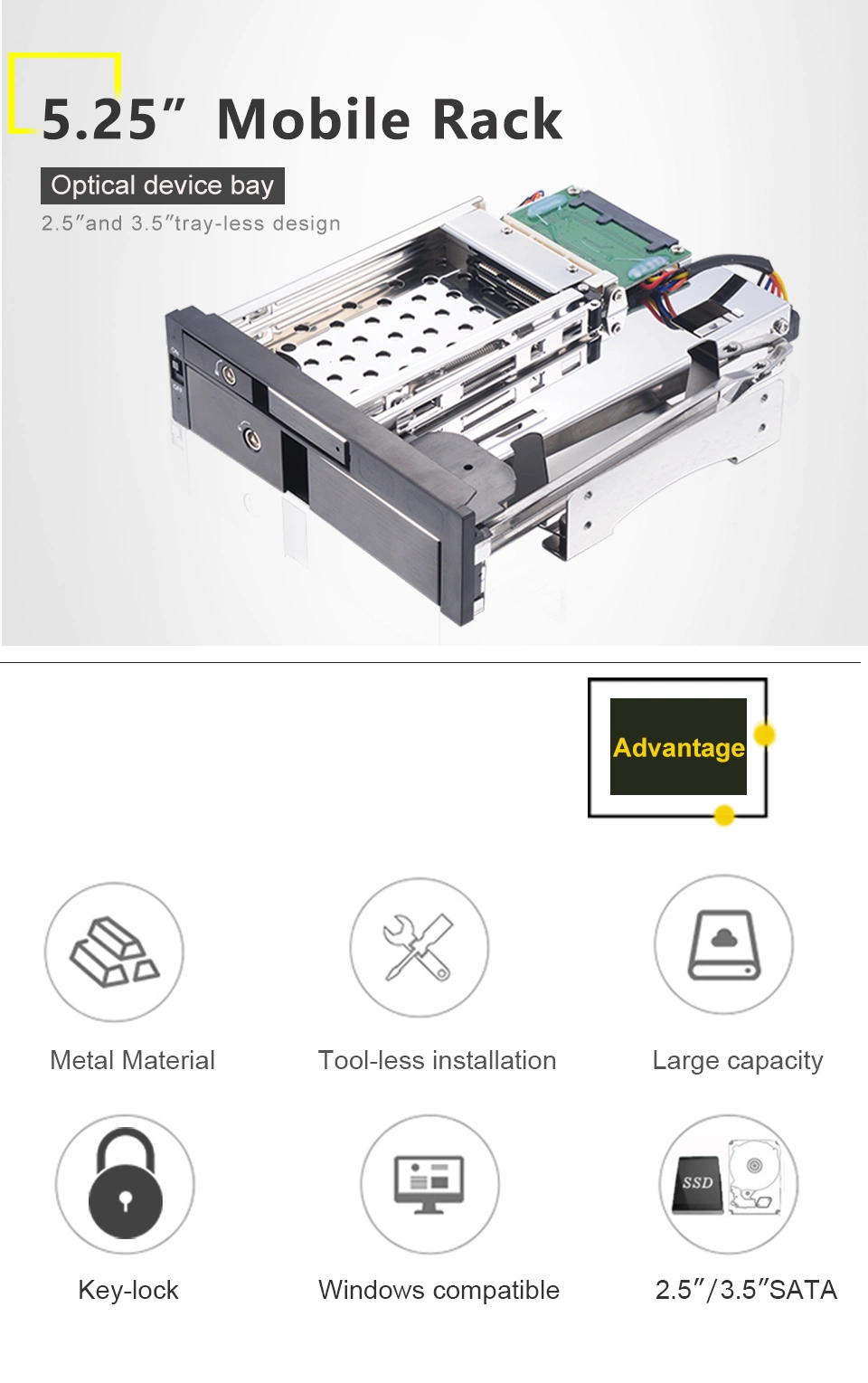 Aluminum Material 2.5+3.5 Tool-Free Hot Swap Storage Rack Case Internal HDD Enclosure