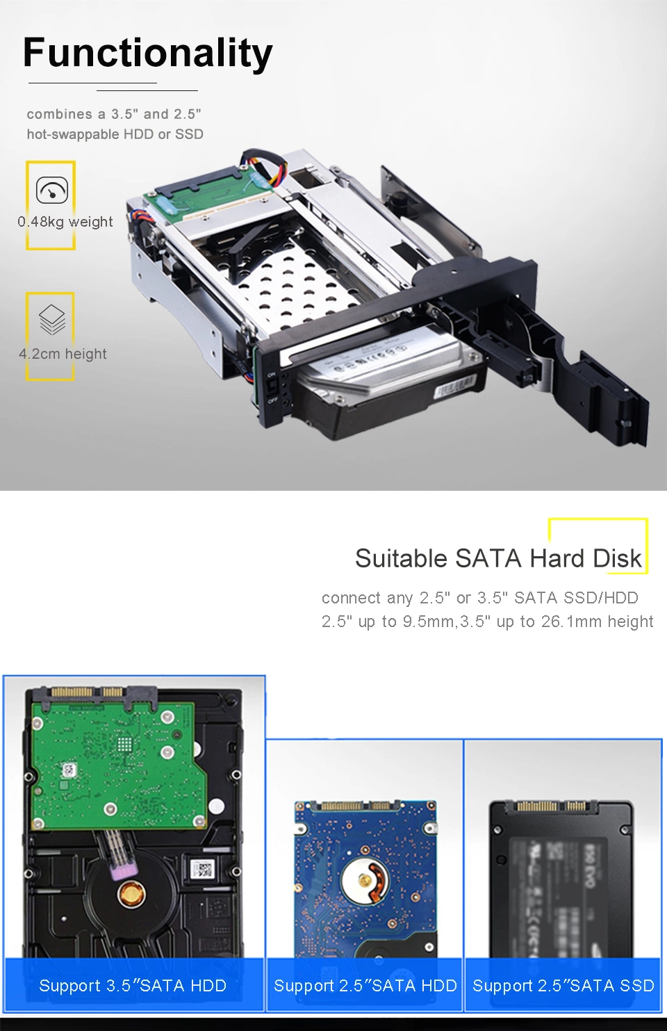 Aluminum Material 2.5+3.5 Tool-Free Hot Swap Storage Rack Case Internal HDD Enclosure